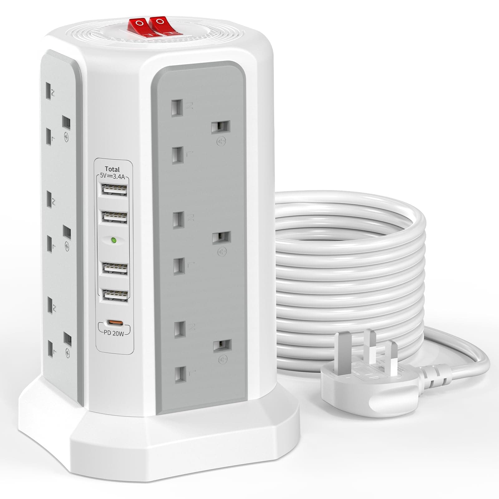 Tower Extension Lead 5M with USB Slots and PD 20W USB C Fast Charger, (13A 3250W) 12 Way Surge Protected Extension Tower 5 USB Ports, Extension Cable for Home, Office, Grey and White