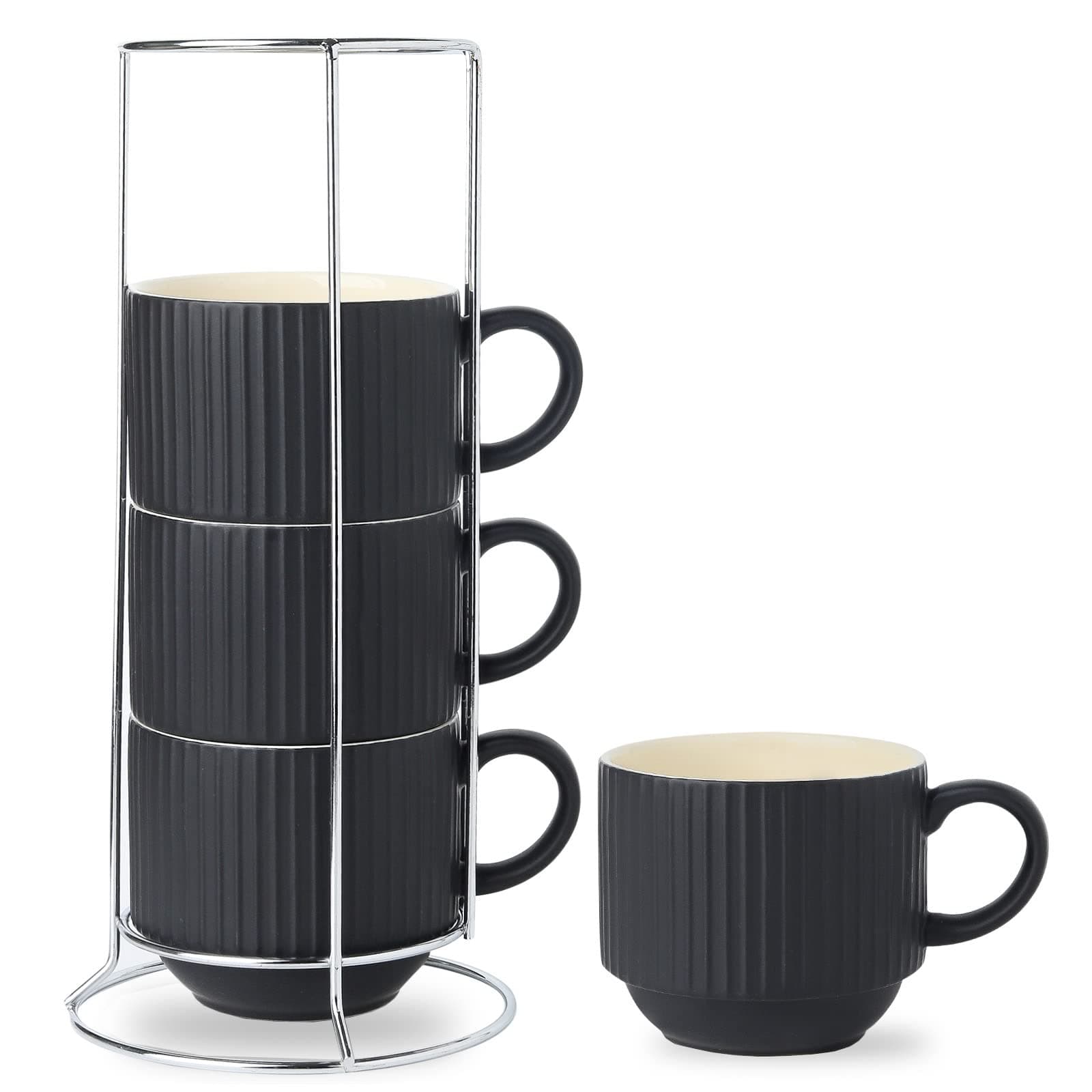 HASENSE Coffee Mug Ceramic Set of 4 with Stand, Stackable Large Latte Cups with Metal Stand, Dishwasher & Microwave Safe, Black for Cappuccino Tea Hot Cocoa