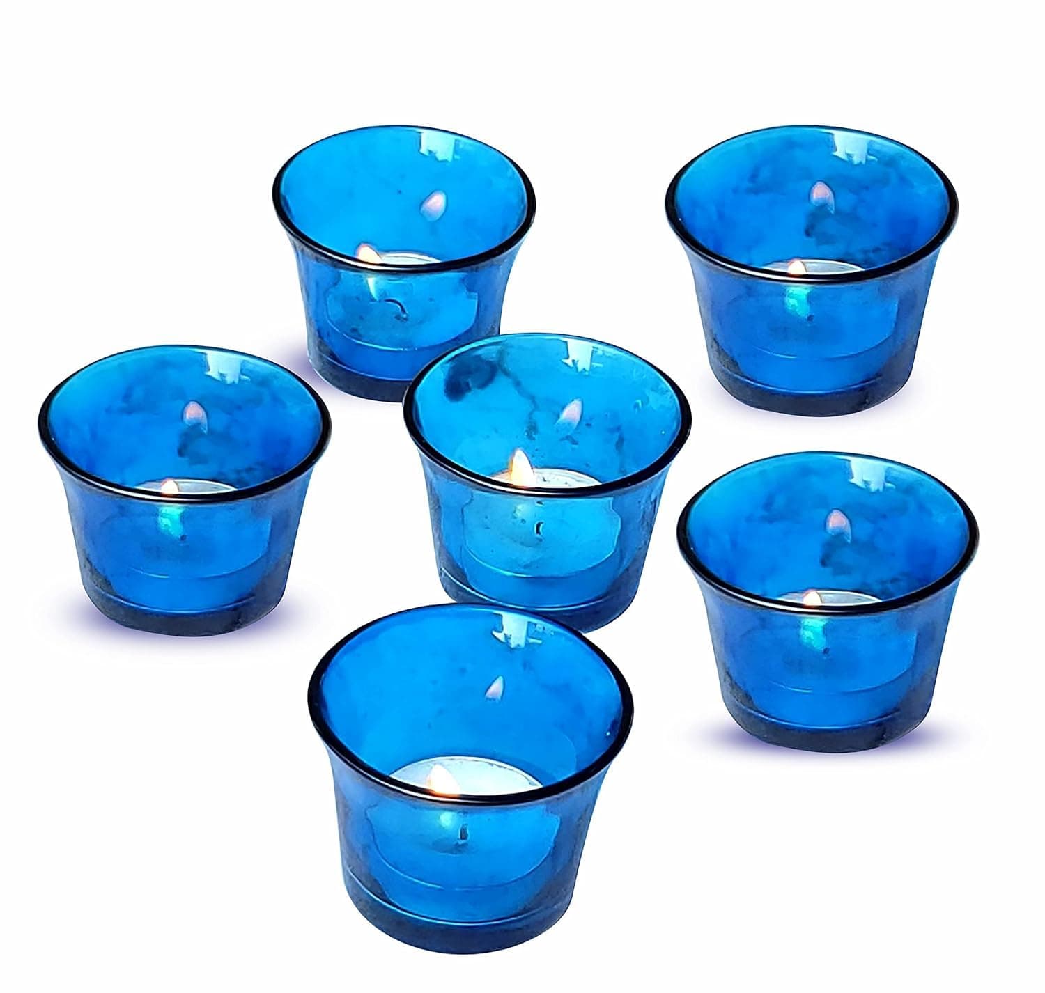 Pure Source India Blue Glass Votive Candle Holders, Blue Tealight Candle Holder for Wedding Home Table Centrepiece Decorations (6pcs)