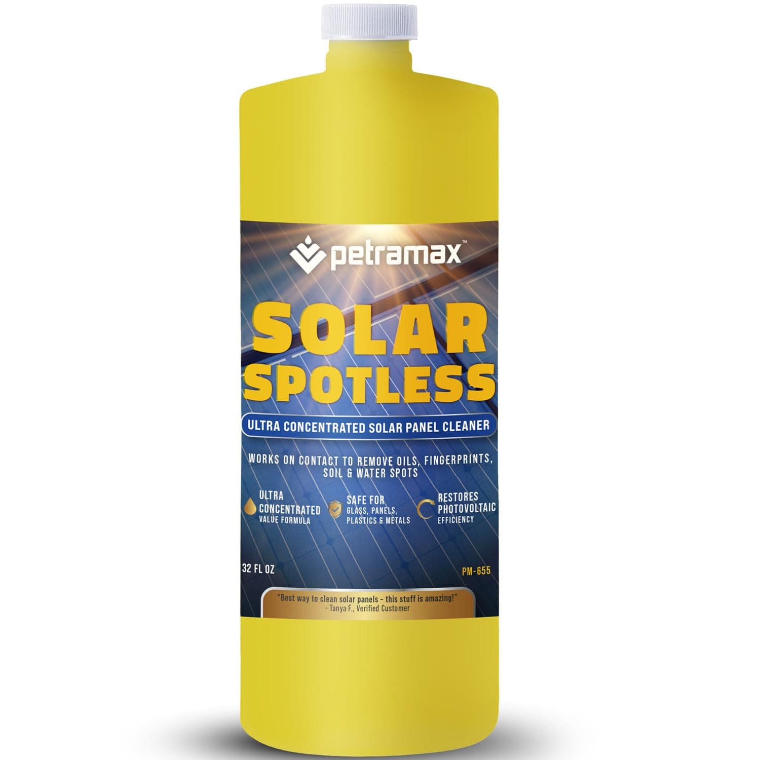PetraMax Solar Panel Cleaner Solar Spotless (Makes 166 Gallons) - Super Concentrated Glass & Solar Panel Cleaning, Remove Oils, Fingerprints & Water Spots - Solar Panel Cleaner Concentrate (32 oz)
