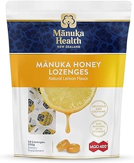 Manuka Honey Cough Drops – 58 Natural Lemon Flavored Throat Lozenges Infused with Raw Manuka Honey and Vitamin C for Immune Support