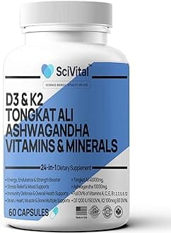 Ashwagandha 10000mg Tongkat Ali 40000mg Supplement with Multivitamin D3 K2 - Men's Health & Stress, Mood, Energy, Endurance Support - Ashwagandha Capsules Tongkat Ali for Men USA - 60 Count