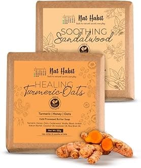 Nat Habit Soothing Sandalwood & Healing Turmeric-Oats Butter Bath Soap With Ayurvedic Cold Processed For Soothing & Tan Removal -(125g x 2, Combo)