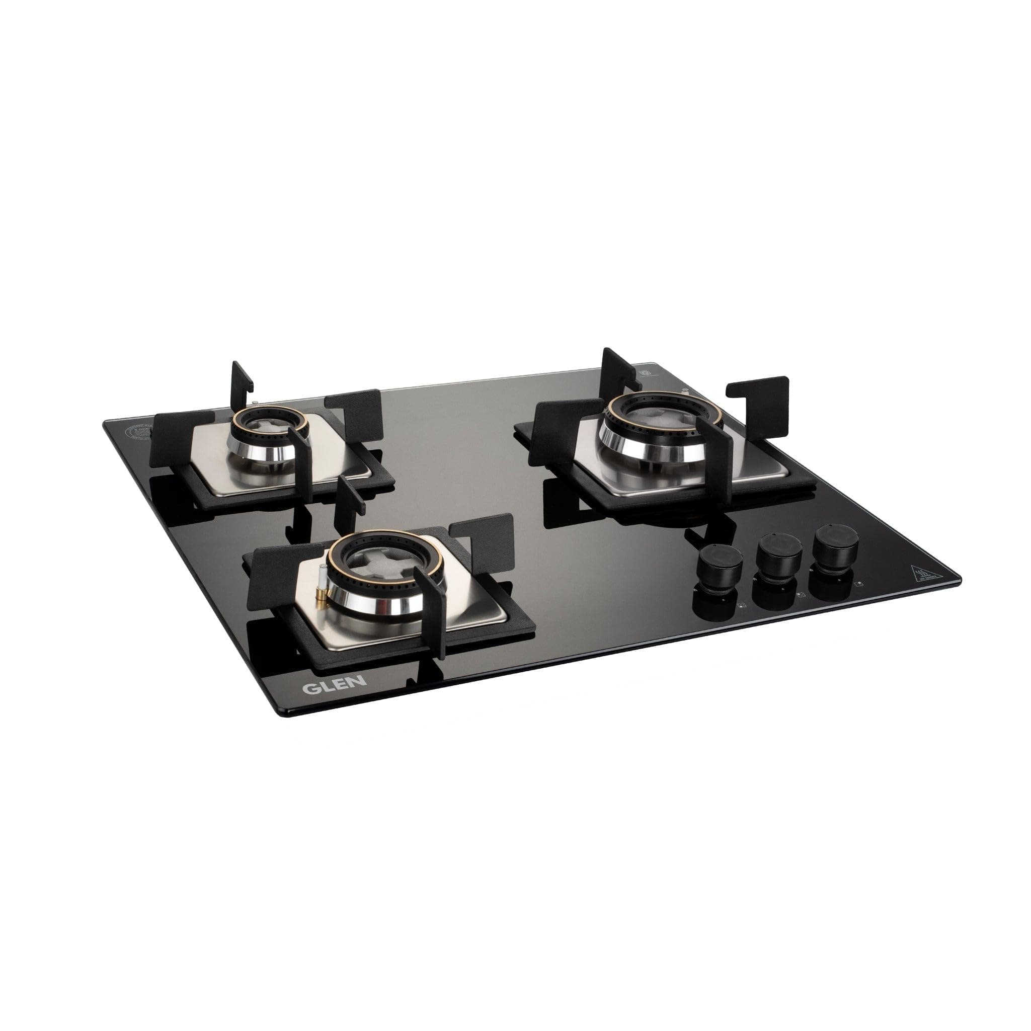 Glen 3 Burner Built In Glass Hob | Auto Ignition | 8 MM Thick Toughened Glass Hob | Black | Double Ring Forged Brass Burners | Warranty 2 Years Standard & 5 Years Glass | 1063 SQ DB (BH1063SQDB)
