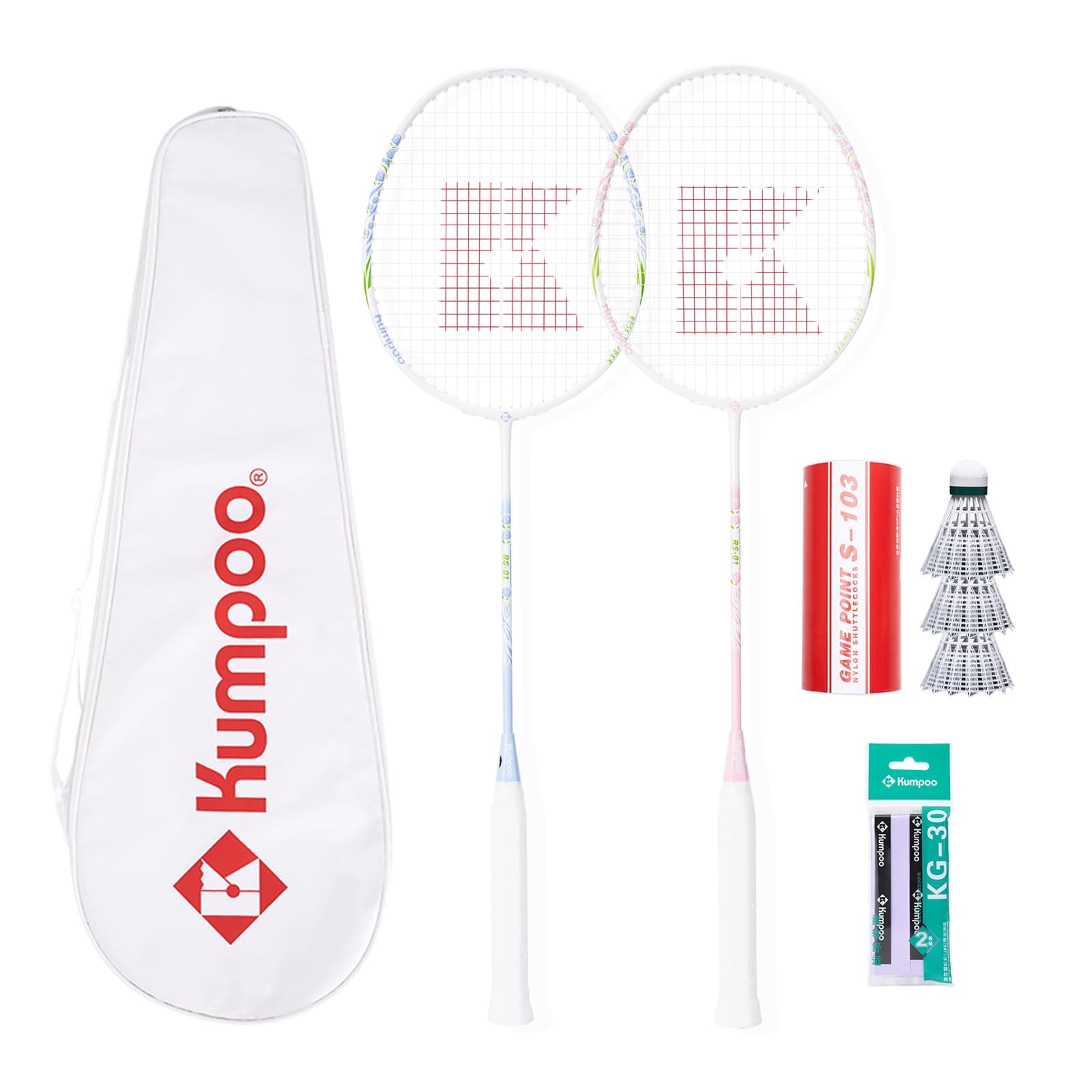 Badminton Racket Set with 2 Carbon Shaft Rackets, 3 Shuttlecocks, 2 Overgrips and 1 Racket Bag - 82g Lightweight 4U Badminton Racquets for 2 Players Outdoor Backyards Games Beginners Adults