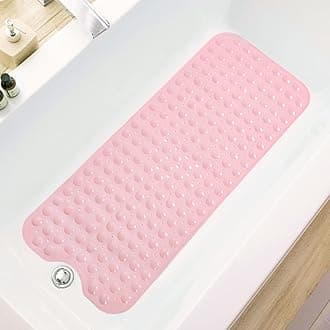 Bath Tub and Shower Mats, Non-Slip 39 x 16 Inch Extra Long Bathtub Mat, Machine Washable BathMat with Drain Holes, Suction Cups for Bathroom (Opaque Pink)