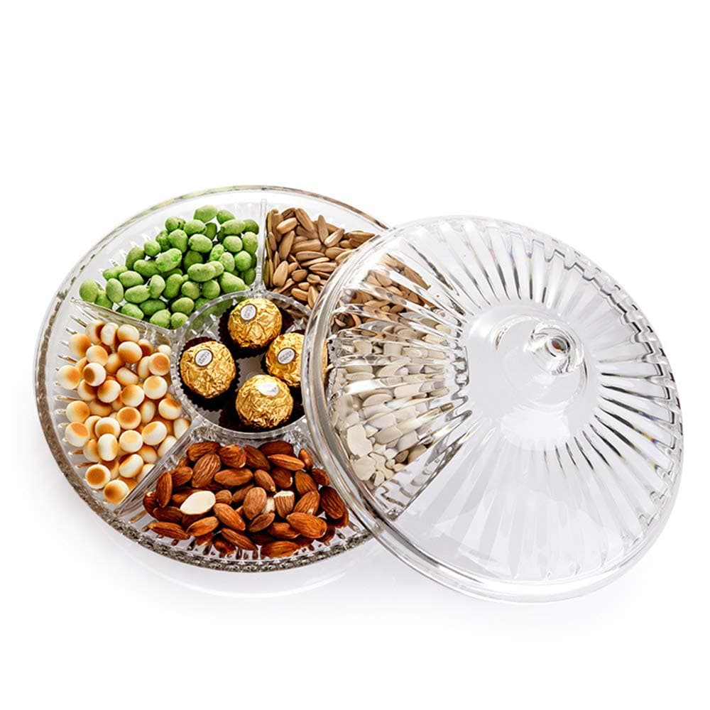 12.6-Inch Six Sectional Snack Serving Tray Set, Acrylic Candy and Nut Serving Container with Lid, Fruit Platter, for Appetizers Cheese ers Meat