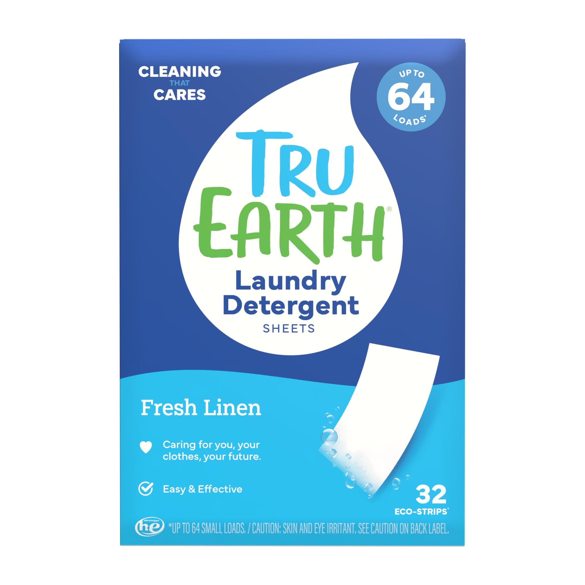 Tru Earth Eco-Strips Laundry Detergent Strips 32 Loads. No Plastic Packaging, Ultra-Concentrated, Pre-Measured Strips, Easy Storage. Great for Machine & Hand Washing, Fresh Linen