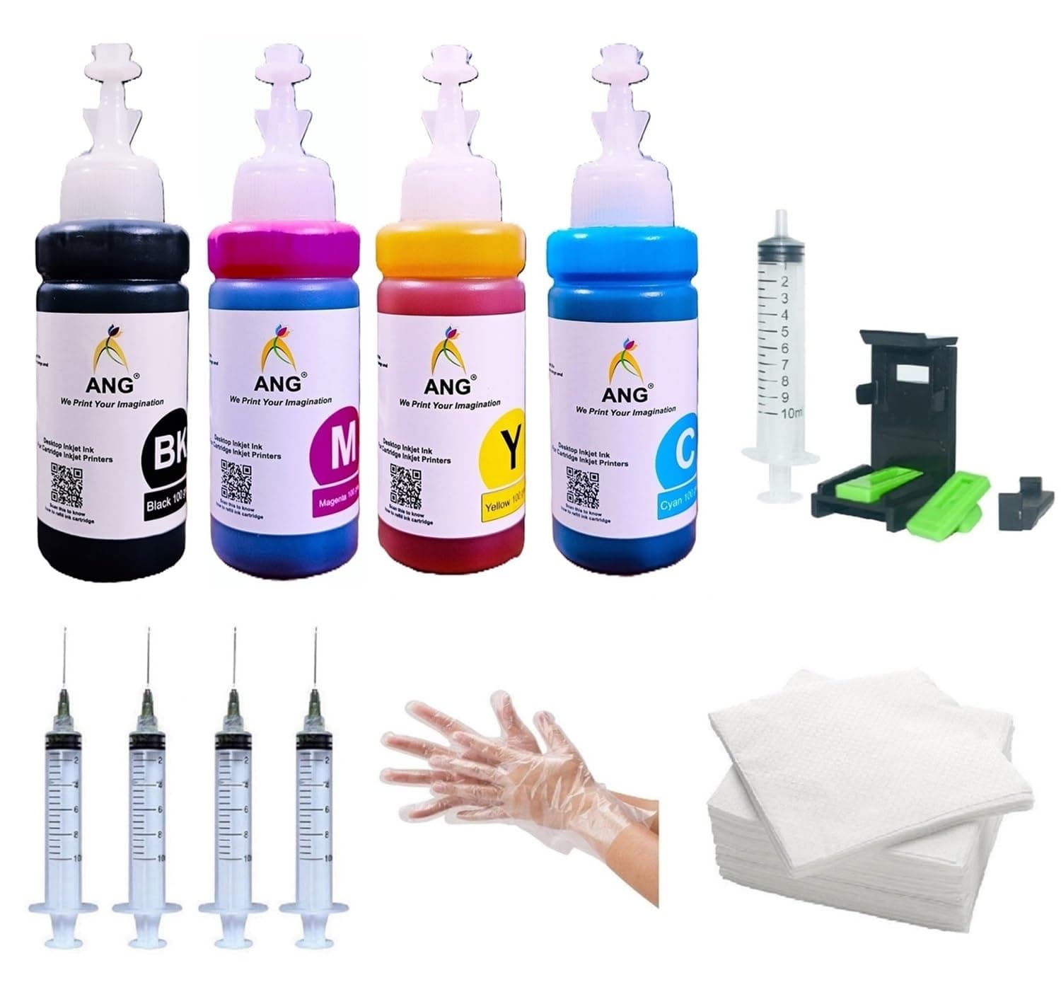 ANG Refill kit with Syringe & Suction Tool Kit Compatible for 678, 803, 680, 802, 21, 22, 56, 57, 818, 901, 702, 703,860, 861 & 830, 831, 740, 741, 89, 99,40,41 Ink 100ML Each Multicolor Combo Pack