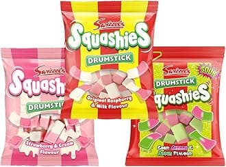 Squashie DrumStick Candies Variety Multipack - 3 Pack BUNDLE - (120g each) - IMPORTED FROM THE UK (Original, Strawberry & Cream and Sour Cherry & Apple)