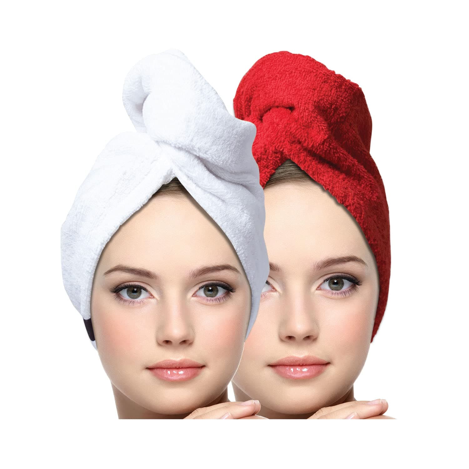 KEEPOZ Hair Towel Wrap Quick Dry 100% Cotton Super Absorbent Turban Head Wrap for Women with Button, Non Microfiber Anti Frizz, Hair Cap for Curly, Long & Thick Hair (Red+White, 2 Pcs)