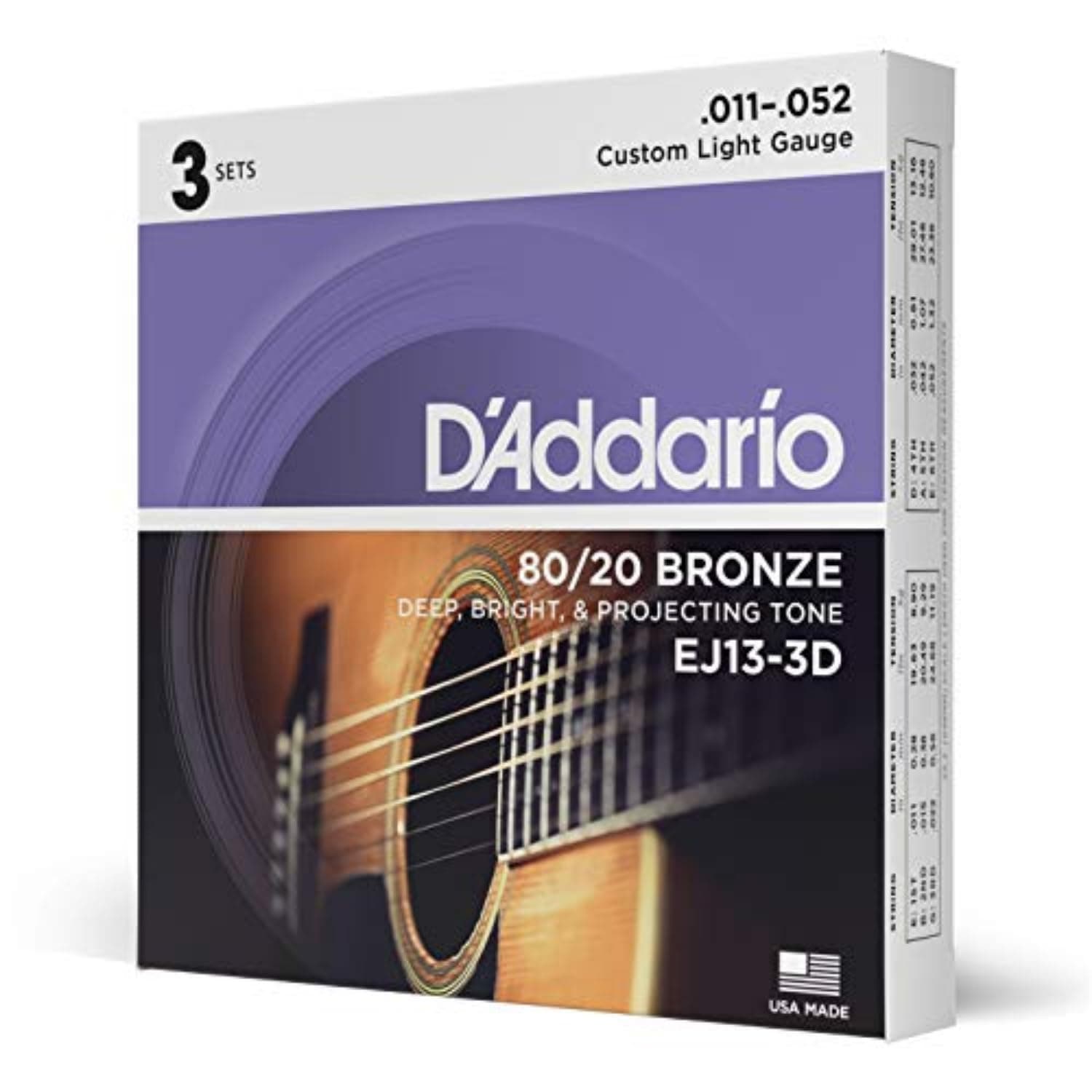 D'Addario EJ13-3D Phosphor Bronze Acoustic Guitar Strings, Extra Light, 3 Sets