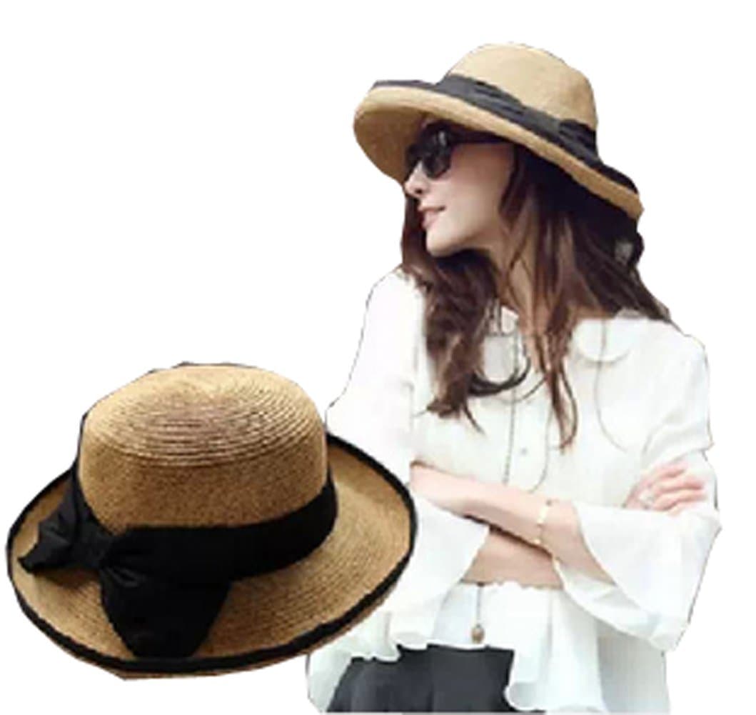 Women Brim Beach Sun Visor Shade Edge Curl Roll Hem Topper Straw Hat Cap Khaki