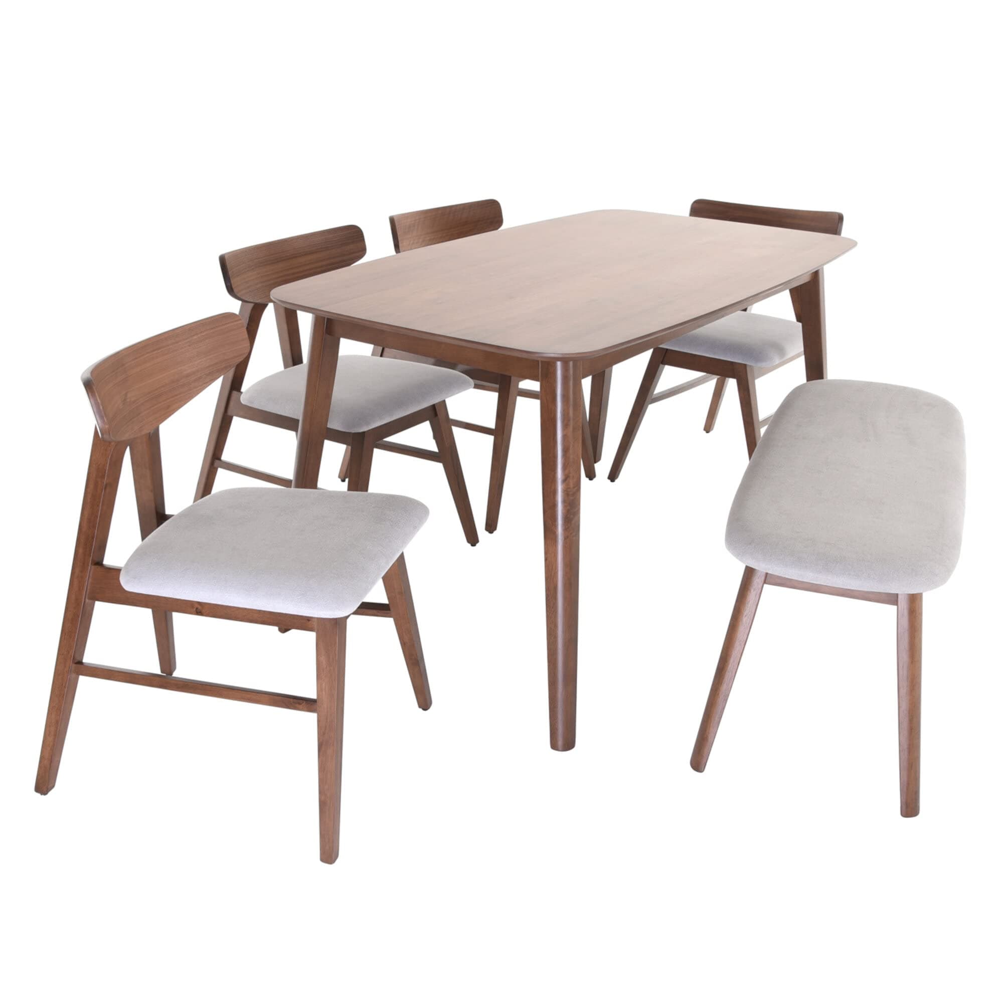 Zenvida Mid Century 6 Piece Dining Set with Upholstered Bench, Chairs, Wood Table