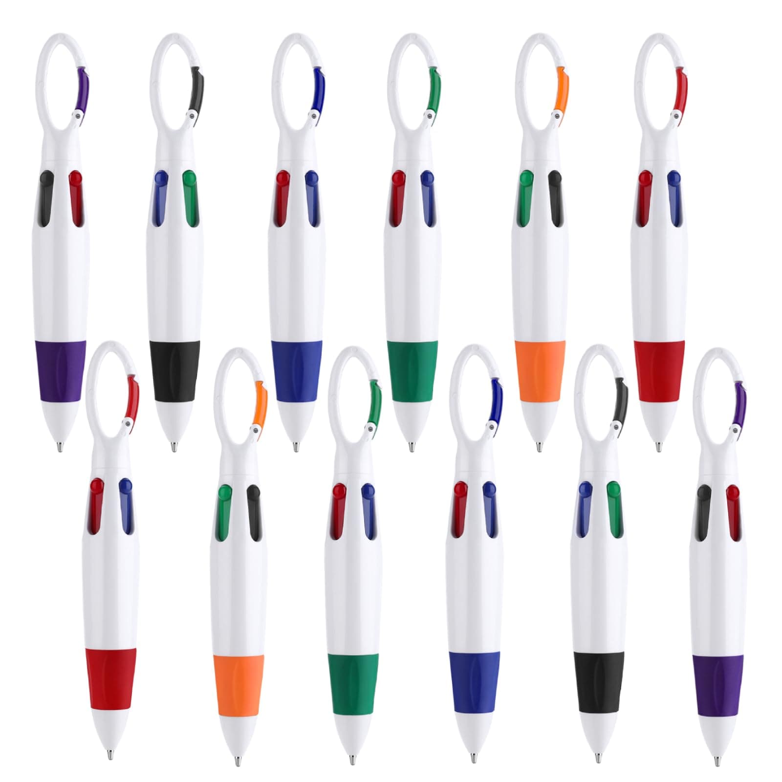 TIESOME 12 Pieces Retractable Shuttle Pens, 4-in-1 Ballpoint Pens Multicolor Pens with Buckle Keychain on Top for Office School Supplies Party Favors Students Gifts (12 PCS)