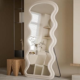 Koonmi Wavy Mirror Full Length 71"x32", Full Body Mirrors, Wavy Flannel Floor Mirror, Tempered Glass, Flannel Wrapped Wooden Frame, Wavy Floor Mirror for Bedroom, Living Room, White