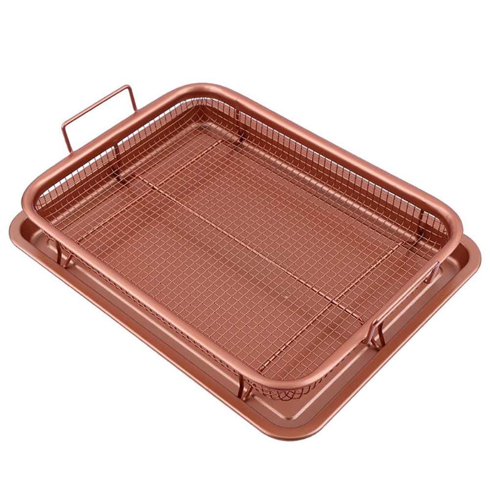 Copper Crisper Tray, RAINBEAN Cookie Sheet with Non Stick Air Fry Mesh Basket Baking, 2 Pieces Oven Safe Air Fryer Set