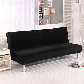 Thick Plush Futon Cover Stretch Armless Sofa Bed Slipcover Soft Couch Sofa Cover Futon Slipcover (Black)