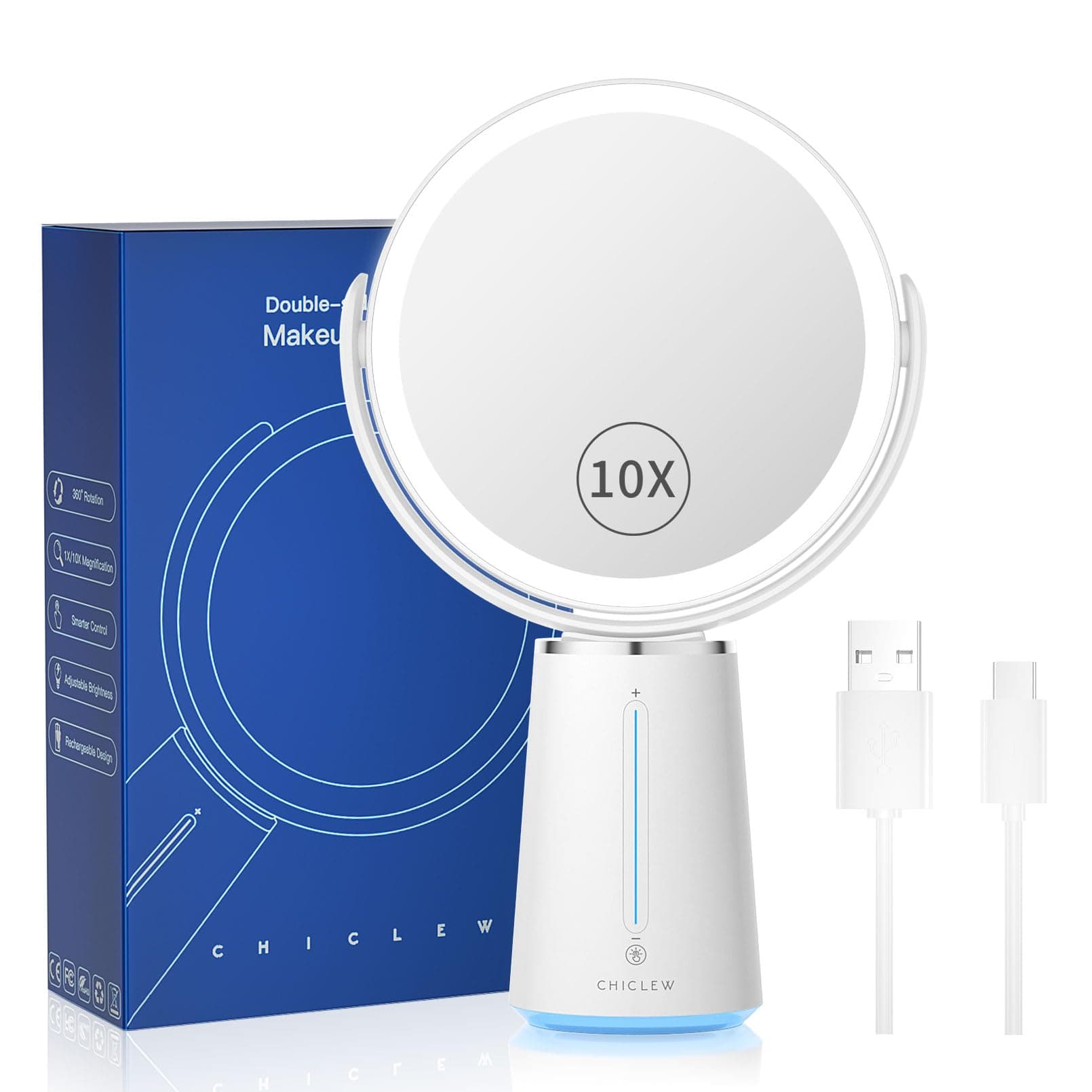 CHICLEWMakeup Mirror With Light, Illuminated Magnifying 10X / 1X, Double Sided LED Vanity 360° Rotation, USB Rechargeable Light Up Table With Smart Touch Activated Slider