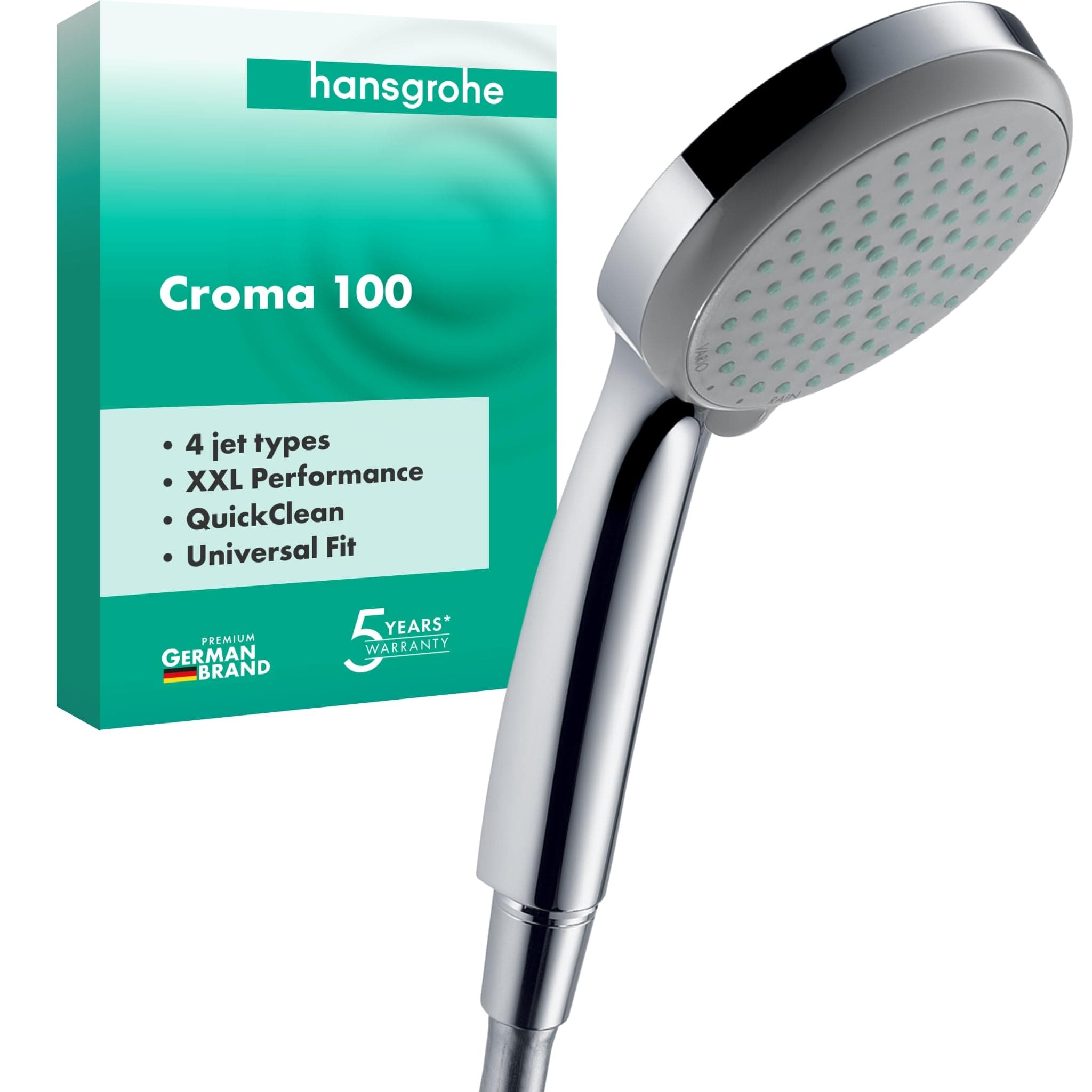Croma 100 - shower head, hand shower round (⌀ 100 mm) with 4 sprays, with anti-limescale function, chrome, 28535000