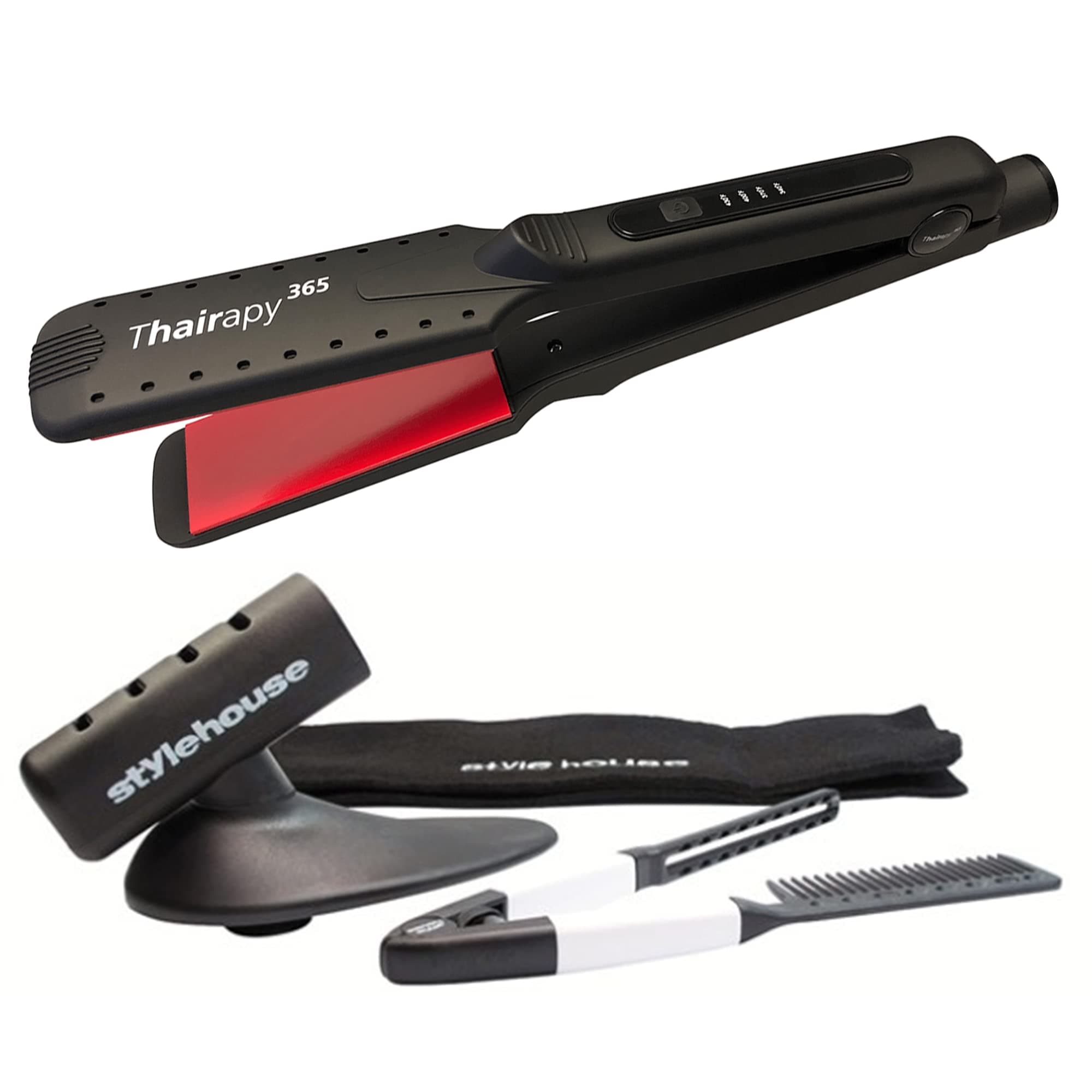 Thairapy 365 Wet or Dry Salon Quality Flat Iron Set ● 1.5 inch Extra Wide Styling Plates ● 450F to 140F Digital Temp Control - Professional Hair Straightener & Comb - Dual Voltage 110v-240v