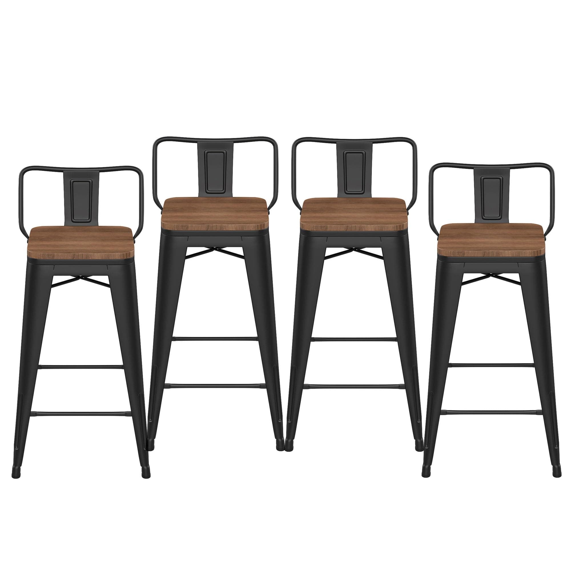 HAOBO Home 26" Low Back Metal Counter Stool Height Bar Stools with Wooden Seat [Set of 4] Barstools, Matte Black