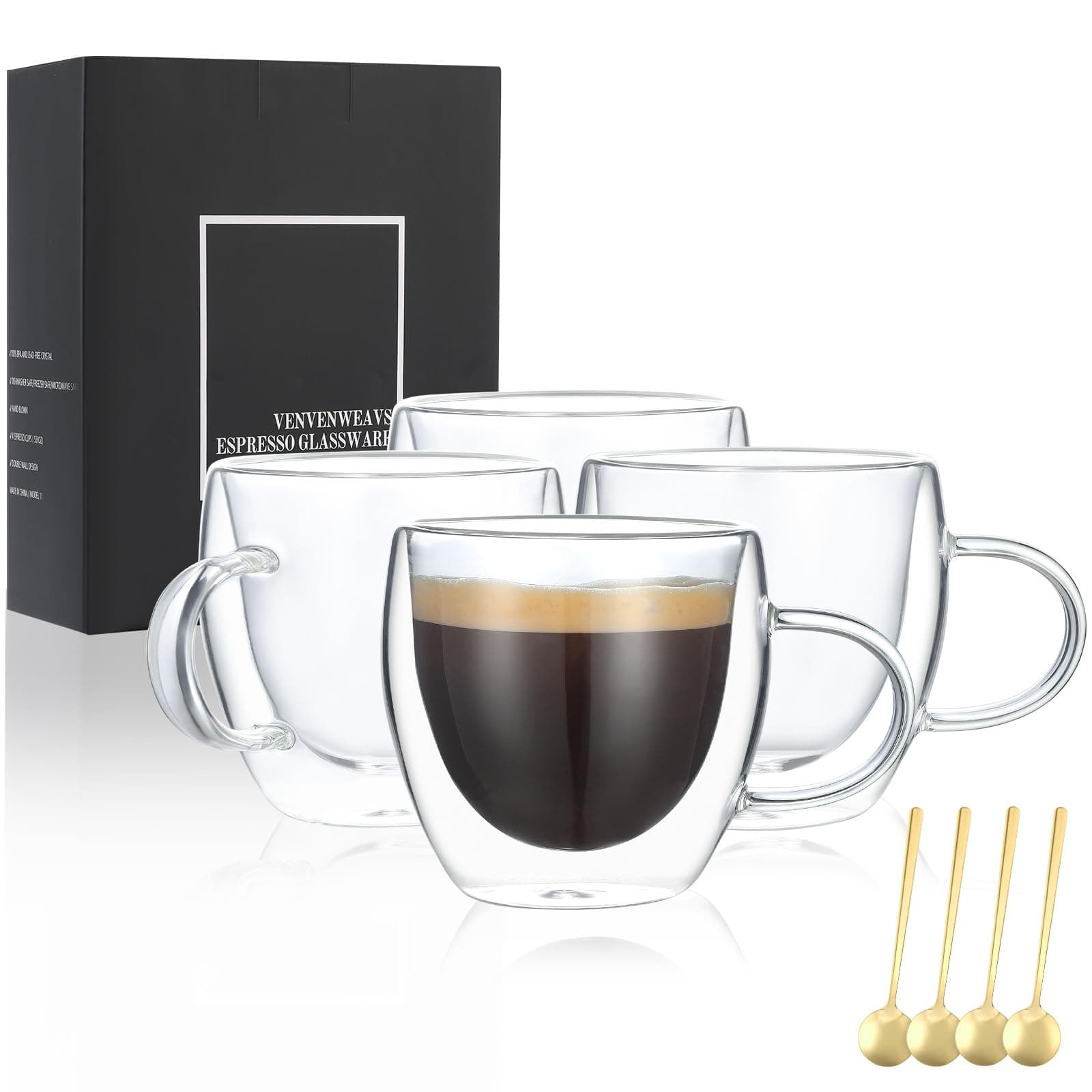 Espresso Cups Set Of 4,Double Wall 5OZ Hand Blown coffee Shots Glass,Espresso Coffee Mugs In Gift Box,Perfect For Espresso,Latte,Cappuccinos,Tea Bag,Juice