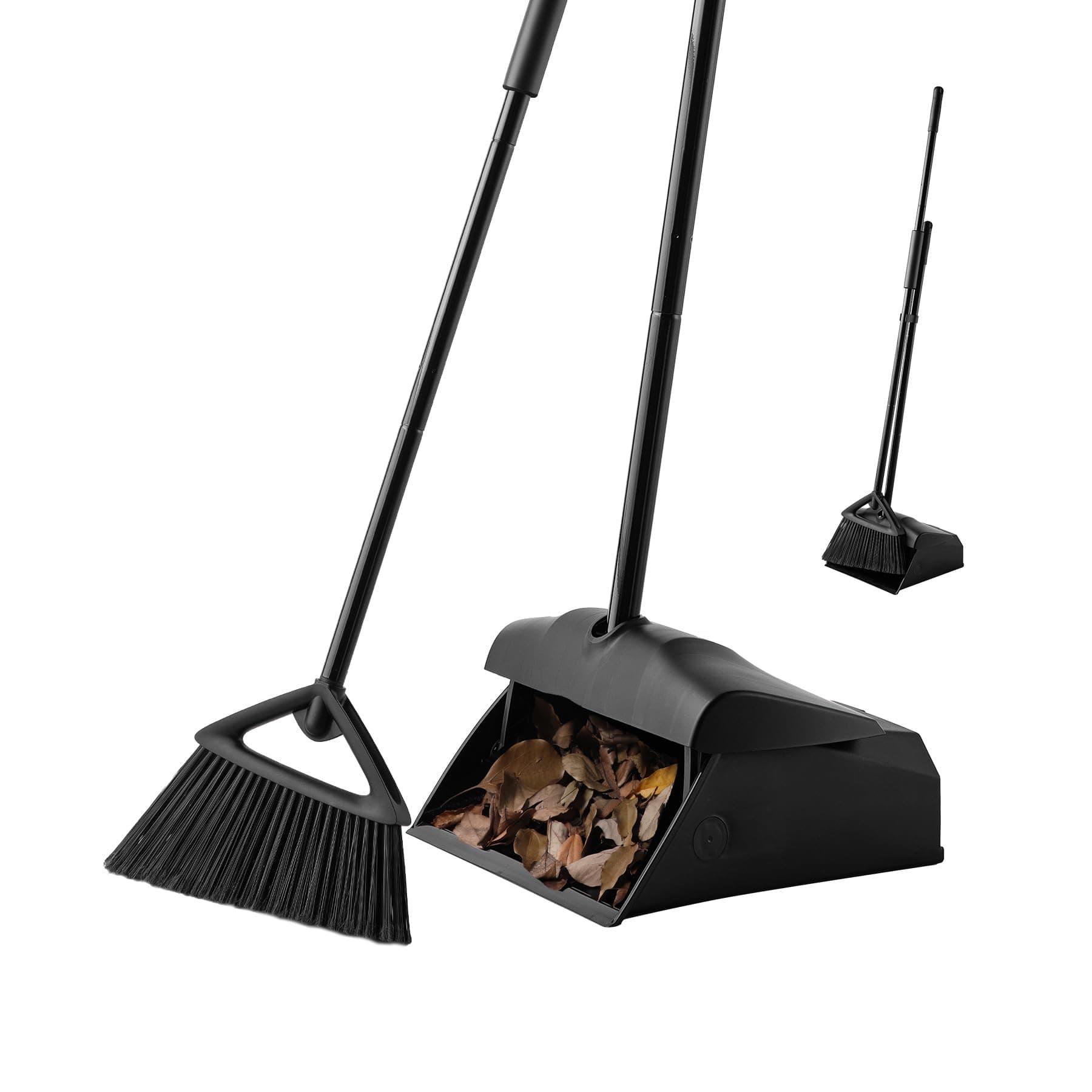 Commercial Angle Broom and Dustpan Combo, with Long Handle, Lobby Dust Pan Sweep Set for Outdoor Garages Courtyard Sidewalks Decks Indoor Home Kitchen Room Office (Black Broom+Dustpan)