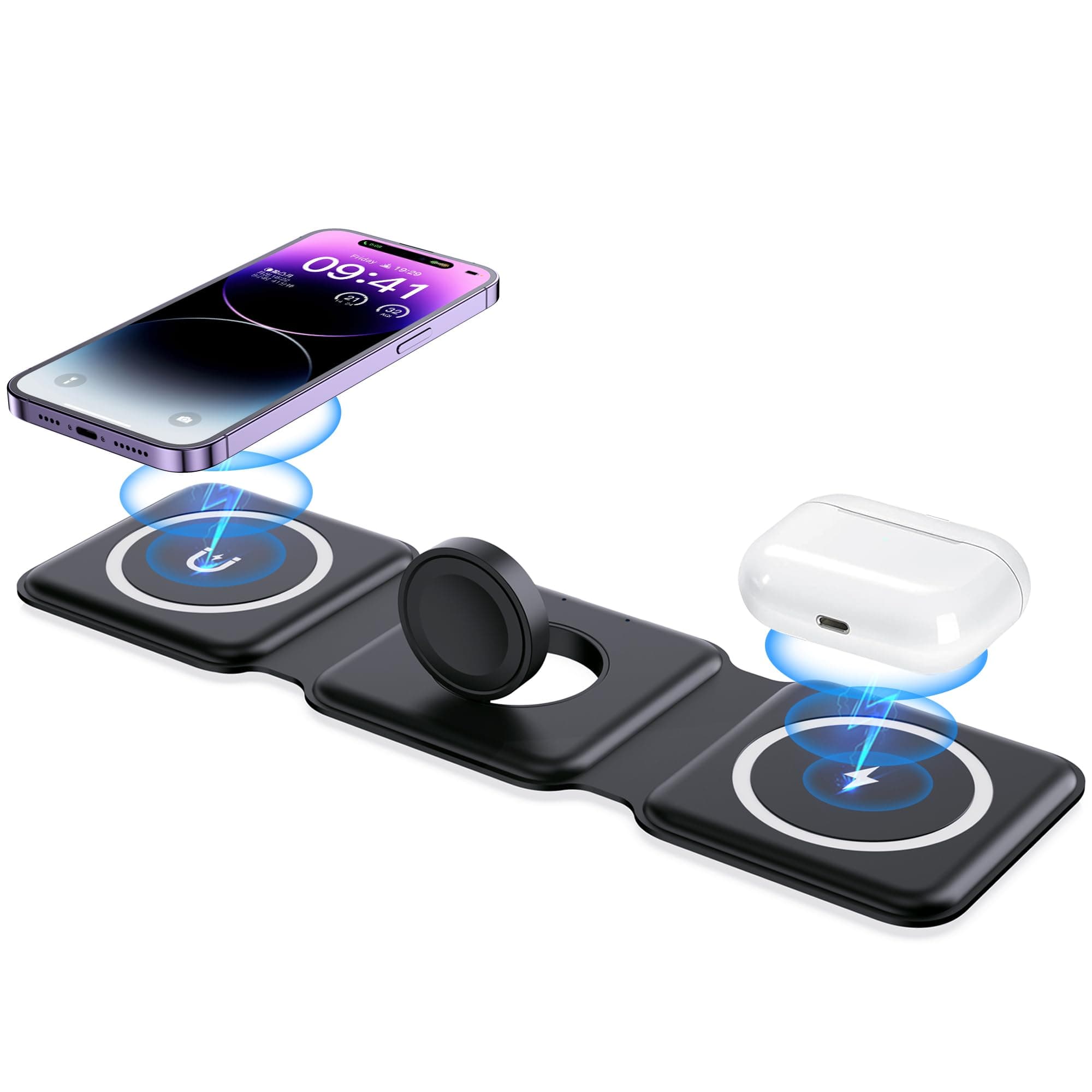 Wireless Charger, Magnetic Foldable 3 in 1 Wireless Charger, Fast Travel Wireless Charging Station (Adapter Included)