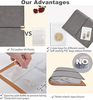 ChezMax Jewelry Organizer, Jewelry Storage Book with Pockets, Foldable Earrings Travel Album, PU Leather Accessories Holder Booklet for Necklace Rings (64 Grids+64 Anti-Oxidation PVC Bags) Grey