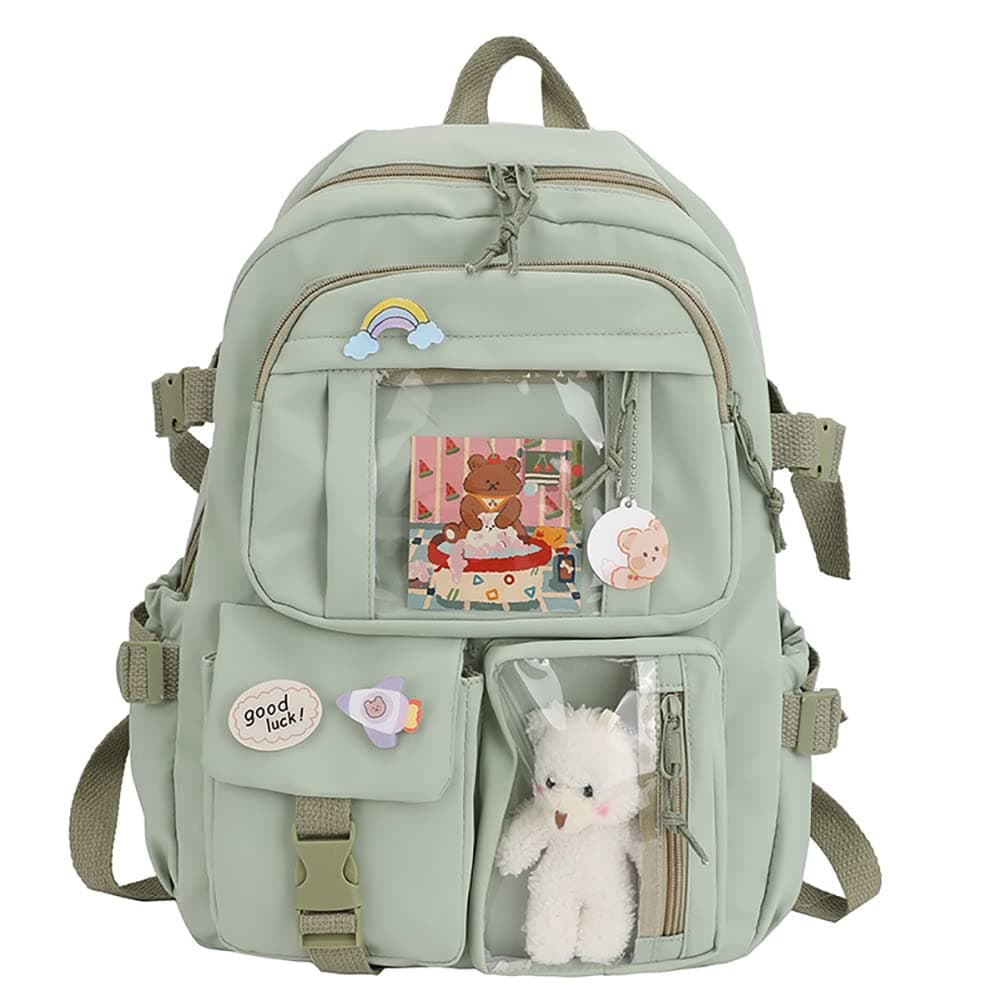 Kawaii Backpack with Pendant, Large Capacity Cute Bear Accessories Backpack for School Multi Pocket Rucksack for Teen Girls Cute Kawaii School Backpacks