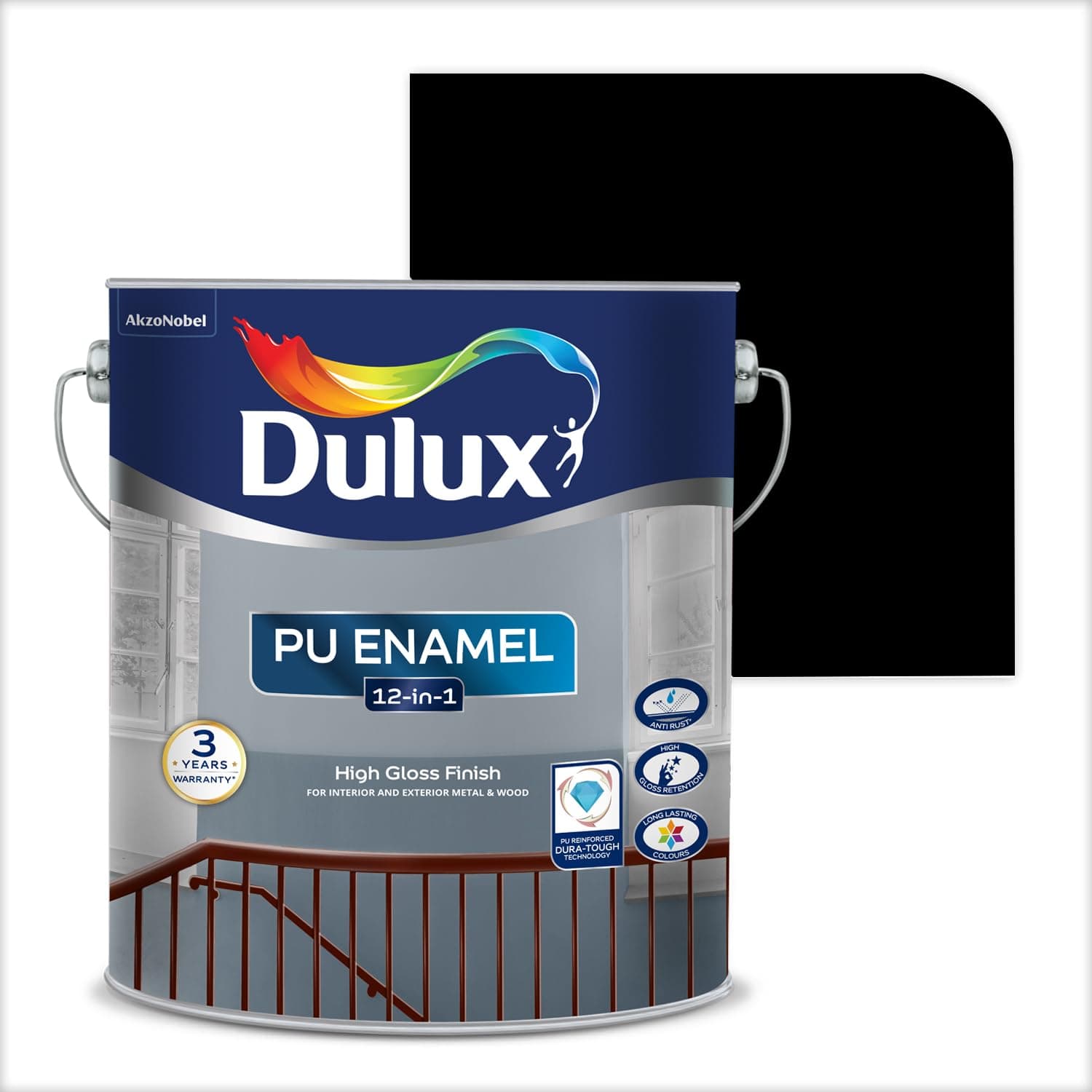Dulux PU Enamel Black 1 Litre High Gloss Finish Paint for Interior Exterior Metal & Wood Surfaces with Fast Drying Anti-Rust & Complete Coverage