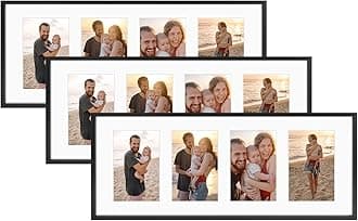 Golden State Art, 4x6 Aluminum Collage Frame, Display 6x4 Pictures With 4 Openings Mat or One 8x20 Photo, Real Glass, Portrait/Landscape Wall Display, Black, 3 Pack