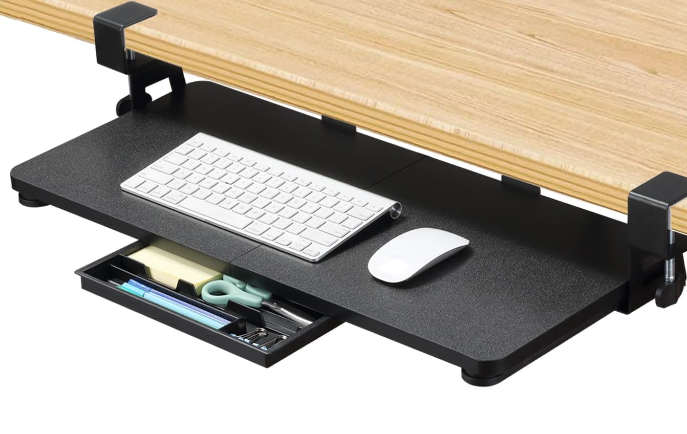 - ETHU Keyboard Tray Under Desk, 26.77" X 11.81" Large Size Keyboard Tray with C Clamp-on Mount Easy to Install, Computer Keyboard Stand, Ergonomic Keyboard Tray for Home and Office (Black)