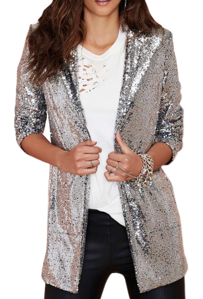 Difyou Women's Punk Boyfriend Shiny Sequin Suit Jacket Blazer Silver X-Large