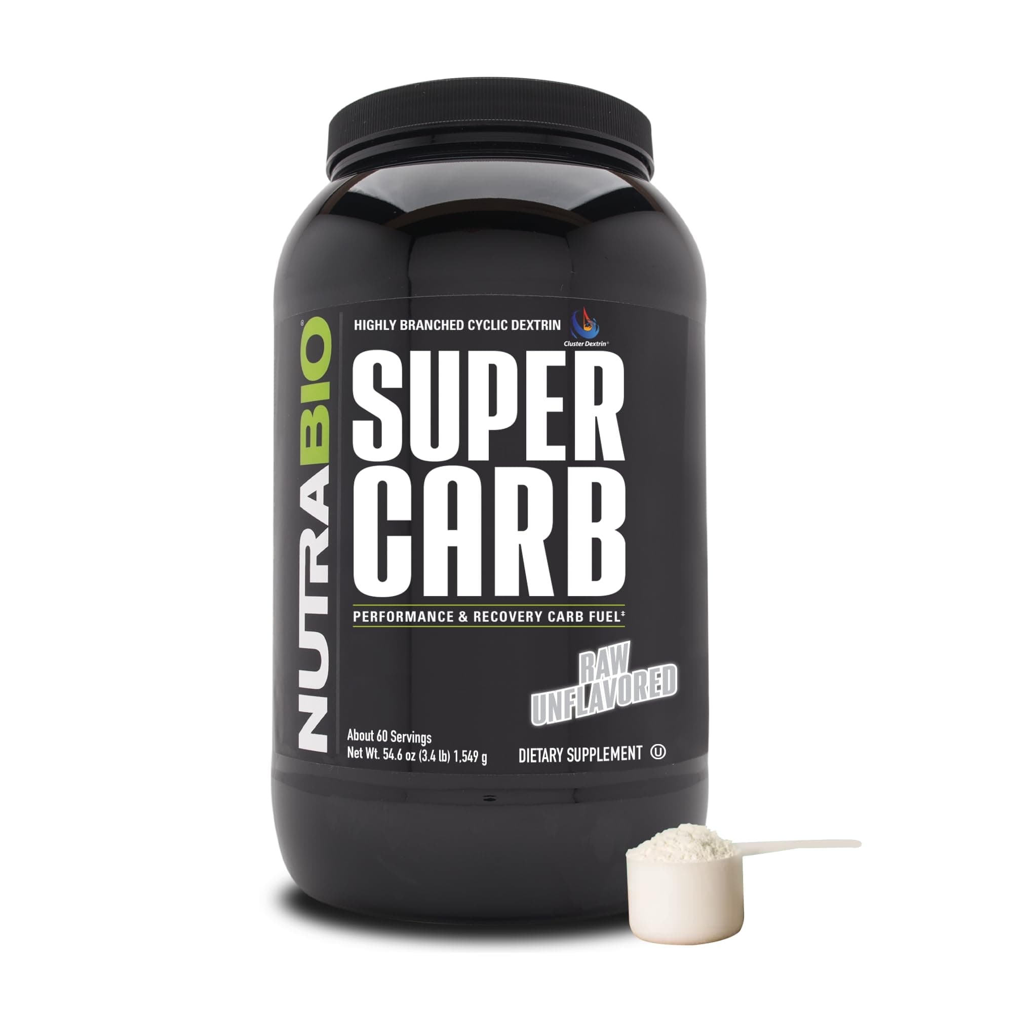 NutraBio Super Carb, Carbohydrate Powder with Cluster Dextrin & Electrolytes, Advanced Carb Supplement Powder for Workout Fuel, Performance, and Muscle Recovery, Cyclic Dextrin, Unflavored, 60 Sv