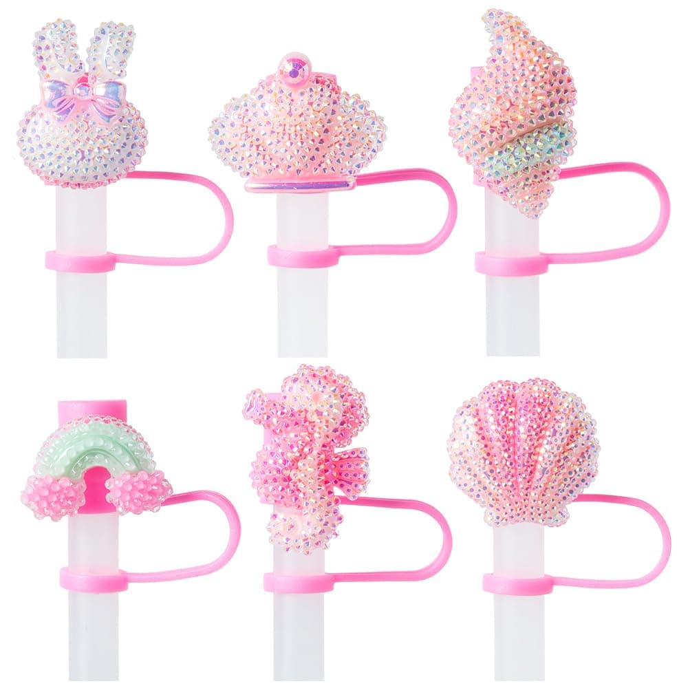6Pcs Glitter Pink Straw Cover Cap for Stanley Cup, 10mm Reusable Cute Pink Drinking Straw Topper Accessories, Portable Protector Plugs Decorations Gifts for Kids Party Favors