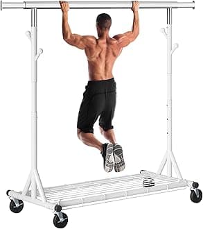 Gewudraw Heavy Duty Clothes Rack, 530 lbs Load Capacity Metal Garment Rack on Wheels - Collapsible Adjustable Portable Storage with Hooks, White