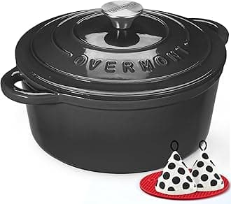 Overmont Roasting Dish Enamel Cast Iron Pot - 26 cm Oven Safe - with Lid and Cookbook - for Kitchen Baking Braising Roasting