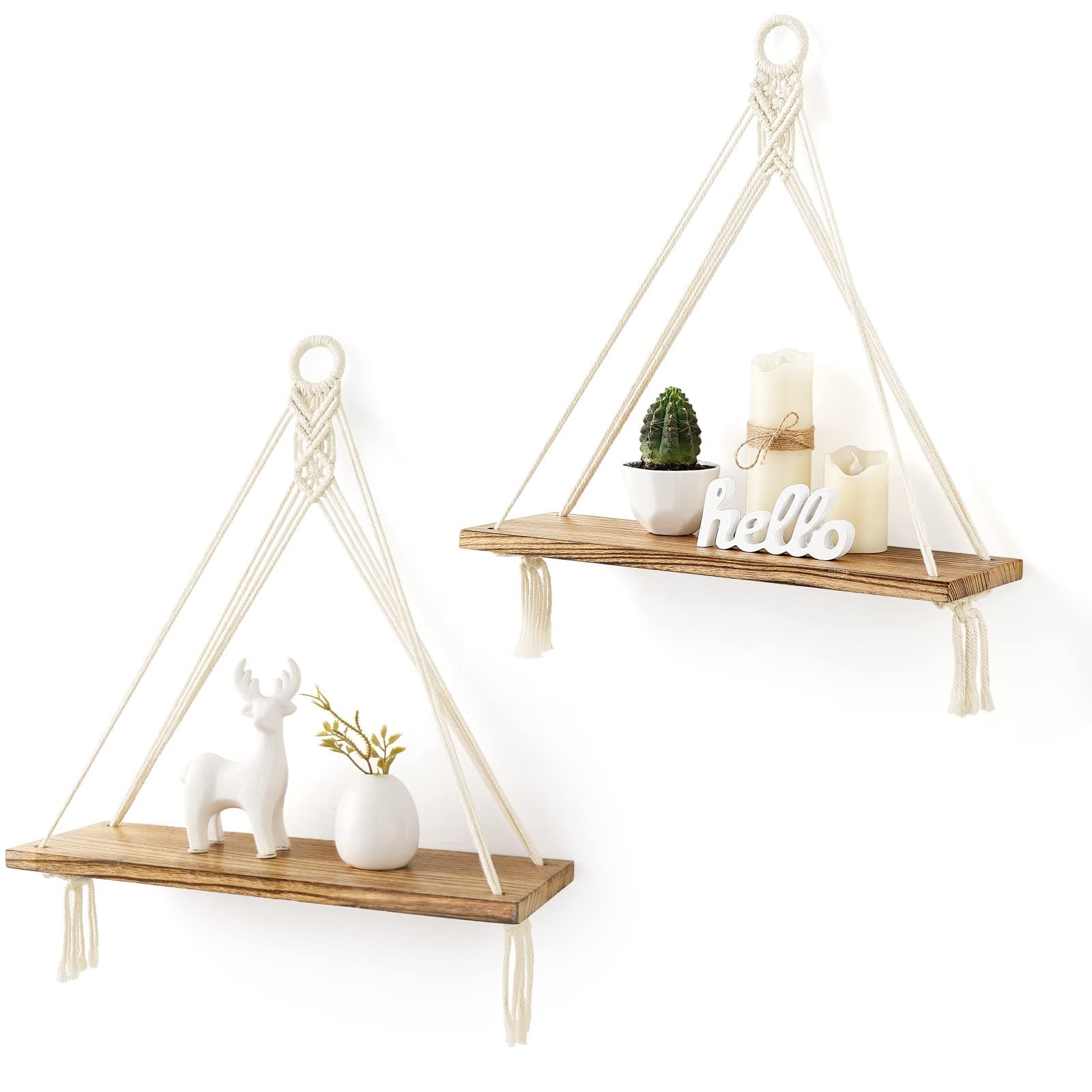 Mkono Macrame Hanging Shelves Boho Wall Decor Set of 2 Rustic Wood Floating Storage Shelf for Bedroom Bathroom Living Room Nursery Dorm Room, Display Shelving for Hanging Plants Photos (2, White)