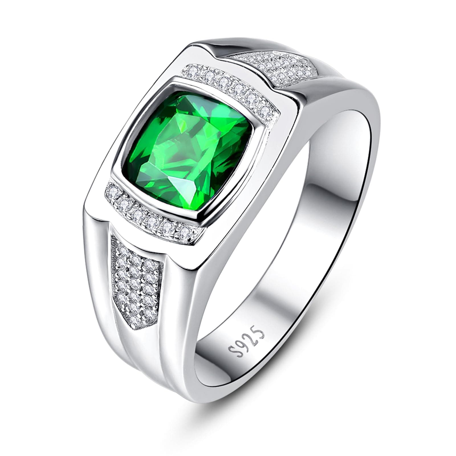 8 * 8mm 2.85CT 925 Sterling Silver Mens Gemstone Ring Princess Cut Created Black Onyx|Sapphire|Emerald|Ruby Mens Wedding Band Engagement Ring Pave CZ W/AAA Size 6-13