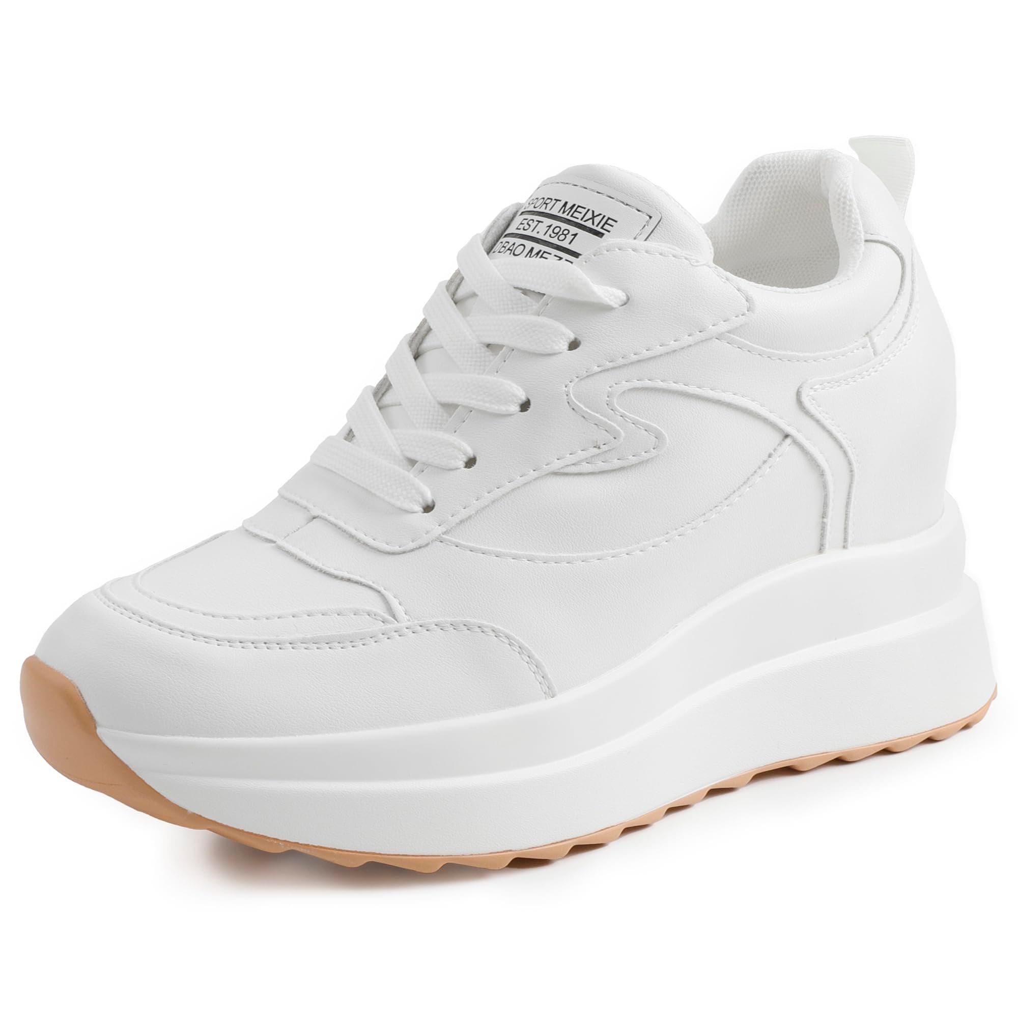 Platform Sneakers with High Hidden Heel, Wedge Sneakers, Leather Upper, Fashion Lace-ups, Increasing 3.94 inches