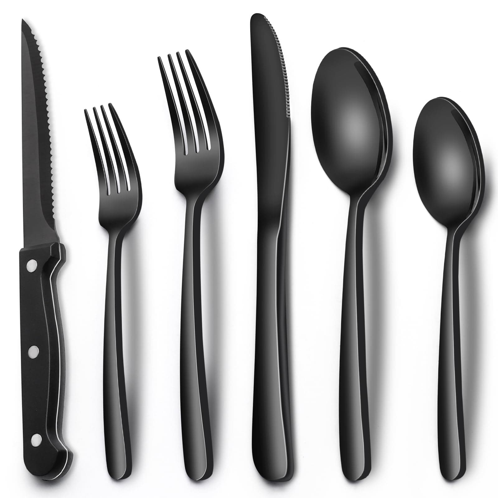 24-Piece Black Silverware Set with Steak Knives, Black Flatware Set for 4, Food-Grade Stainless Steel Tableware Cutlery Set, Mirror Finished Utensil Sets for Home Restaurant, Heavy Duty