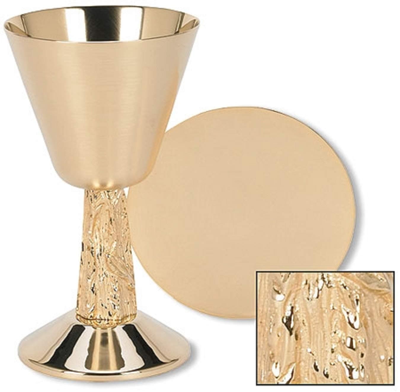 Gold Tone Satin Cup with Hand Cast Vine Stem Chalice and Paten Set, 7 1/4 Inch