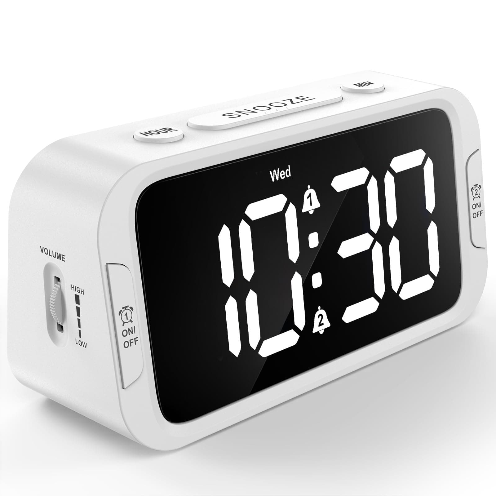 Digital Dual Alarm Clock for Bedroom, Easy to Set, 0-100% Dimmer, USB Charger, 5 Sound Adjustable Volume, Weekday/Weekend Mode, Snooze, 12/24Hr, Battery Backup, Compact Clock for Bedside(White)