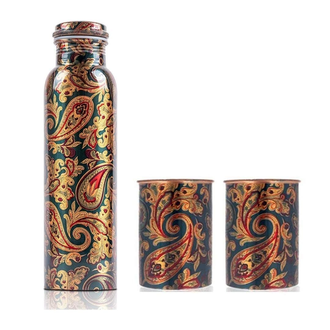 Vedik Sparsh Printed Pure Copper Water Bottle 1000ML and 2 Printed Copper Glasses