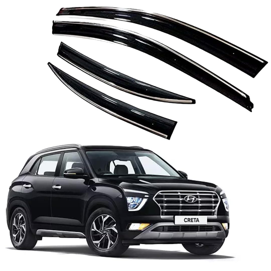 Premium Chromeline & Silverline Unbreakable Car Rear Window Wind Deflectors & Side Door Visor Rain Guard Compatible with (Hyundai Creta (2020 Onwards))