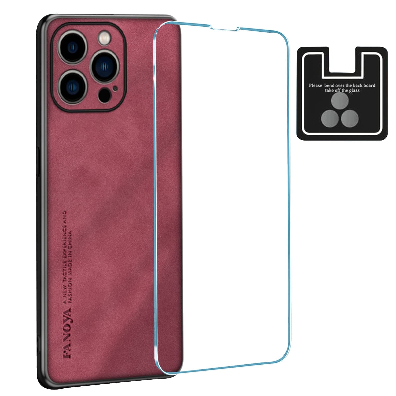 KISSWILL[3 in 1 for iPhone 14 Pro Max Case, with 1 Pcs Screen Protector + 1 Pcs Camera Lens Protector, Luxury Suede Vegan Leather Back Slim Thin Phone Case for Men and Women (Wine Red)