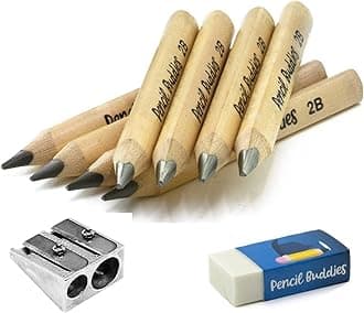 Short Thick Triangular Kids Pencils for 2-8 Year Olds, 2B Fat Pencils With Unbreakable 5MM Graphite Core, Pencil Sharpener and Eraser Included, (Natural Wood, Single Pack)