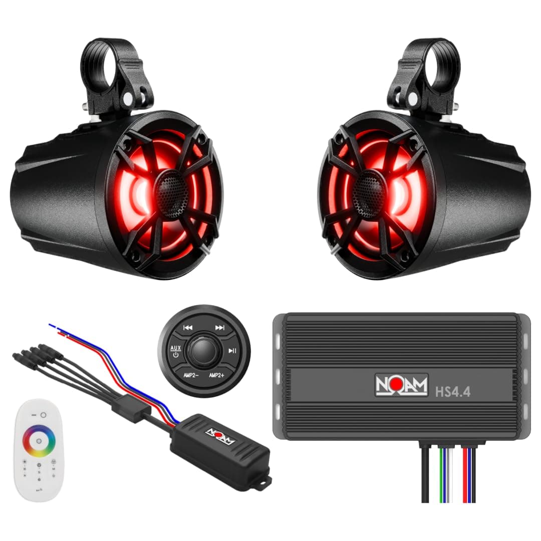 - NUTV5 - Marine ATV/Golf Cart/UTV Stereo System kit – with 2 Waterproof LED Light Tower Speakers, Weatherproof Controller/Head Unit with Bluetooth and AUX Input and Four Channels Amplifier